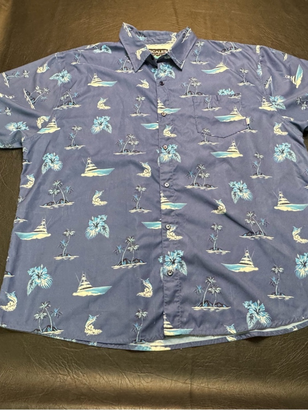 Scales Fishing Shirt XXL Blue Tropical Boats Performance Button Up Tropical